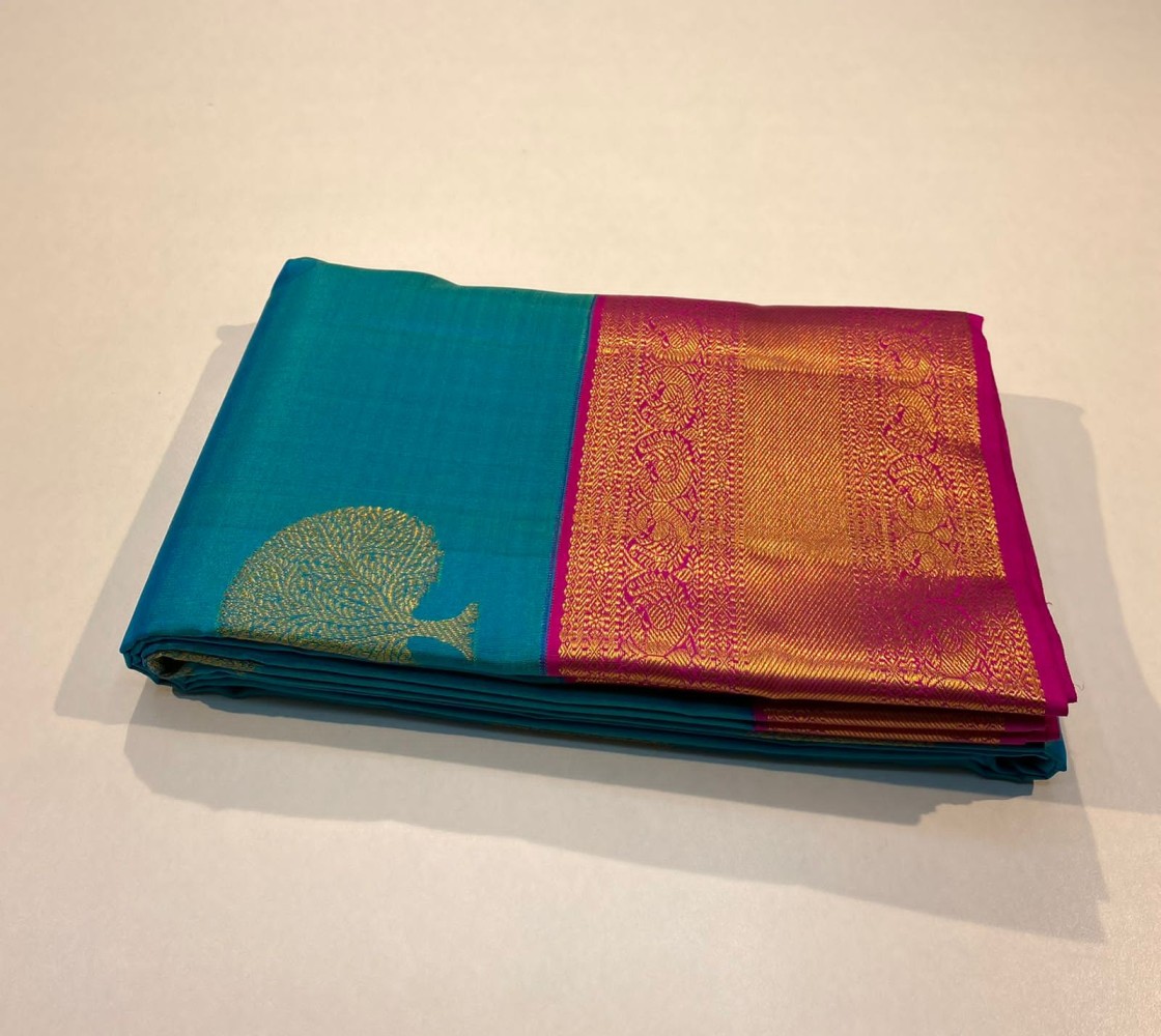 Aqua blue color and pink color kanchipuram handloom saree